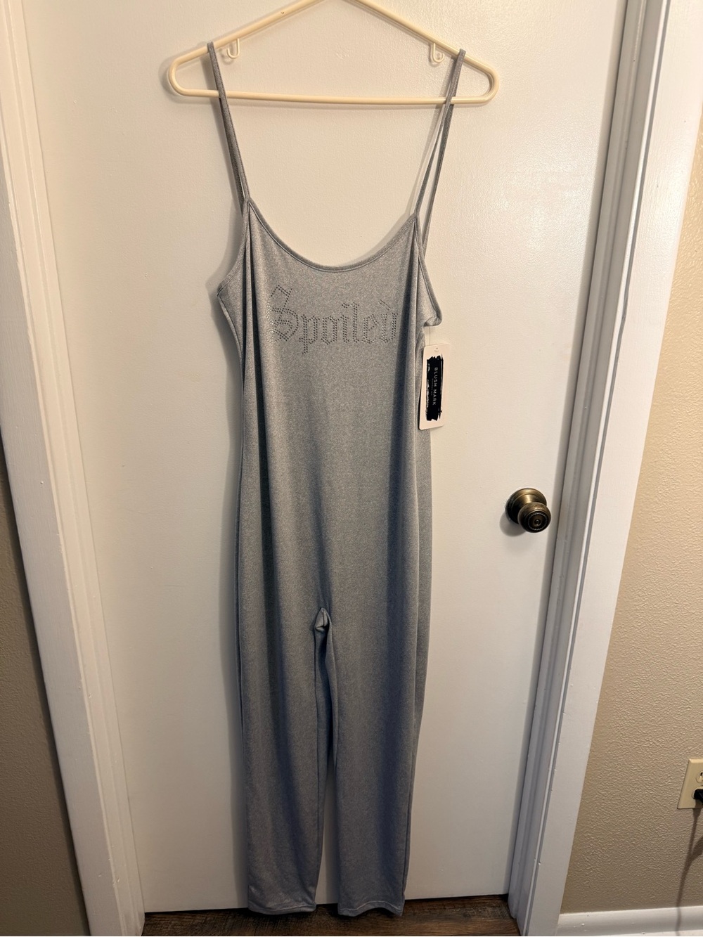 Slim Strappy Silver Jumpsuit with 'Spoiled' Rhinestone Detail